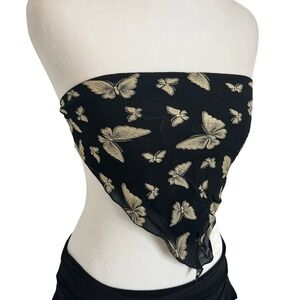 Butterfly Print Scarf‎ Top Black and Gold Sheer Kerchief Bandana